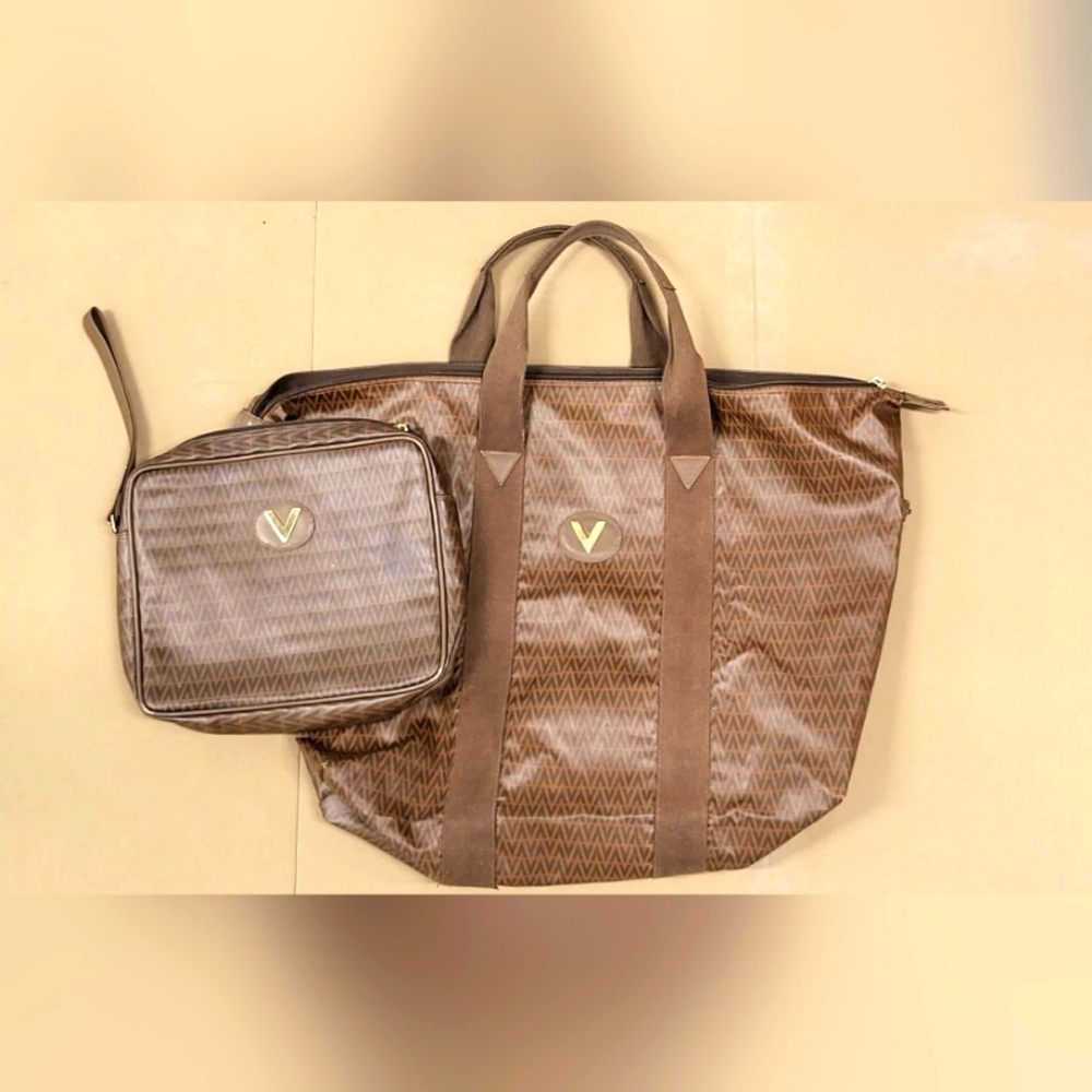 Mario Valentino XL MonogramTravel Bag with Pouch Set Made in Italy